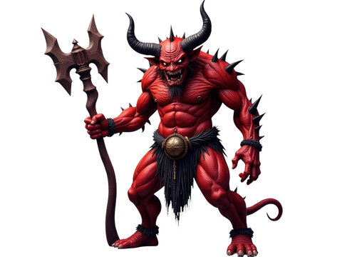A red demon with a large staff, depicted with a horned head, suitable for dark fantasy or horror themes