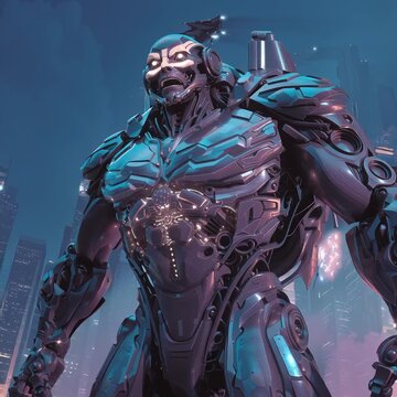 A menacing, futuristic robot with glowing eyes stands tall against a city skyline at night.