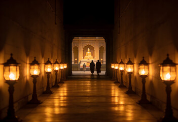 Fototapeta premium Two monks walking down hallway lit by ornate lanterns towards altar with Buddha statue