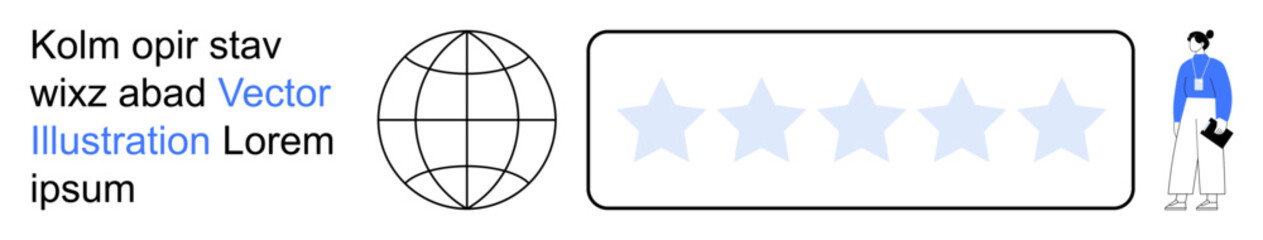 Obraz premium Global communication, online reviews, user feedback, professional services, networking, customer ratings. Globe icon, five-star rating element and a person. Global communication and online reviews