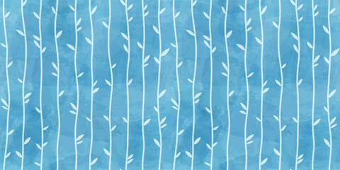 Seamless floral watercolor pattern with white vertical bamboo on bright blue background. Botanical stripes wallpaper for summer textile, wrapping paper, or greeting cards. Vector illustration. © Good Goods