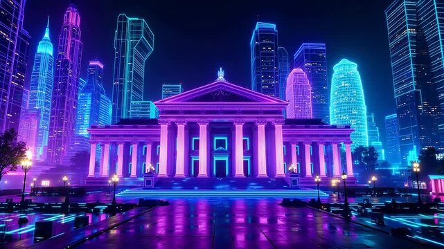 Neon lit classical building in city