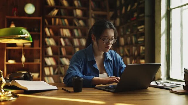 Young Korean woman typing on laptop, dealing with phishing attack or virus