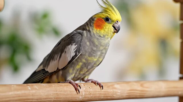 Cockatiel Parrot Perched on a Wooden Perch, Beautiful Bird.