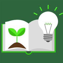 Open book with seedling and glowing lightbulb symbolizing growth and new ideas