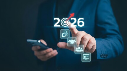 Business professional touching futuristic 2026 digital interface with global network icons and holographic tech elements