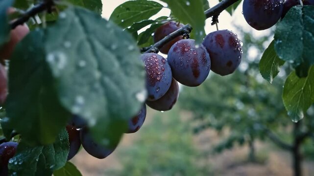 Plum Tree Branch with Ripe Plums and Green Leaves in the Garden.
