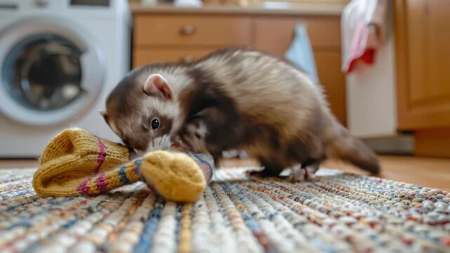 Ferret Playing with a Toy on a Rug in a Home Setting.