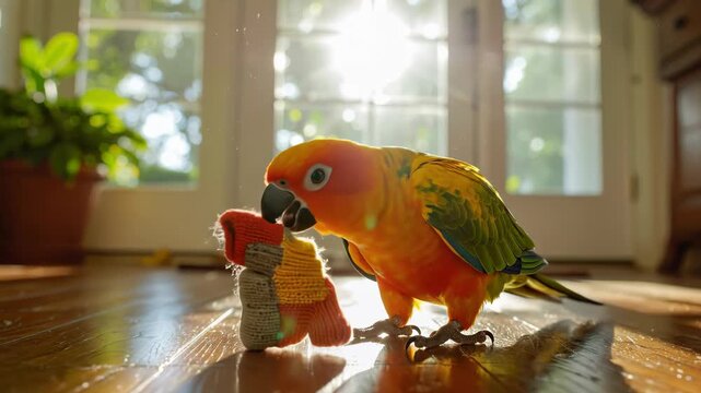 Sun Conure Parrot with a Toy on a Wooden Floor.