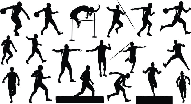 Collection of black silhouettes showing male track and field athletes competing in running jumping hurdles javelin and shot put events