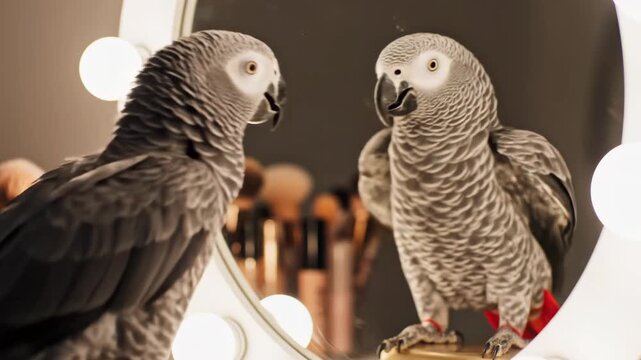 African Grey Parrot Gazing at Itself in a Vanity Mirror.