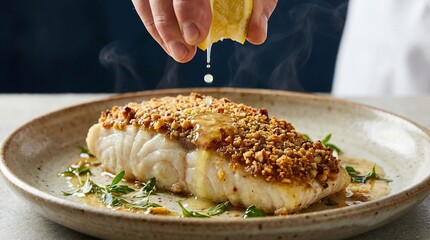 Close-Up of Lemon Juice Dripping Over Nut Crusted Fish Fillet