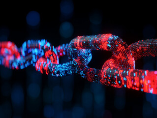 Obraz premium Nowoczesna wizualizacja cyfrowego łańcucha świecącego na czerwono i niebiesko. Symbol technologii blockchain, bezpieczeństwa i danych.