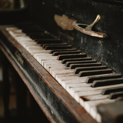 Zaniedbany fortepian z tajemniczym, zardzewiałym detalem. Kurz i czas pokryły jego klawisze, tworząc melancholijny obraz zapomnianej muzycznej duszy.