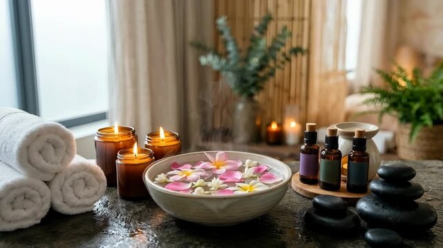 Relaxing spa bowl with floating flower candles oil bottle and towels creating serene calming