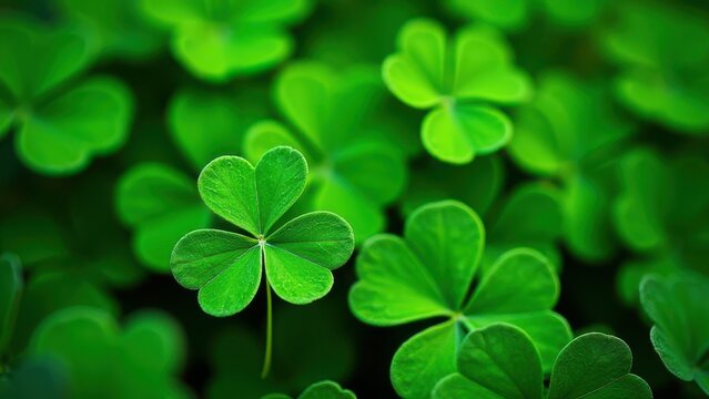 clover leaves green background with three leaved shamrocks close up natural holiday texture concept of holiday decoration, environmental awareness, seasonal marketing