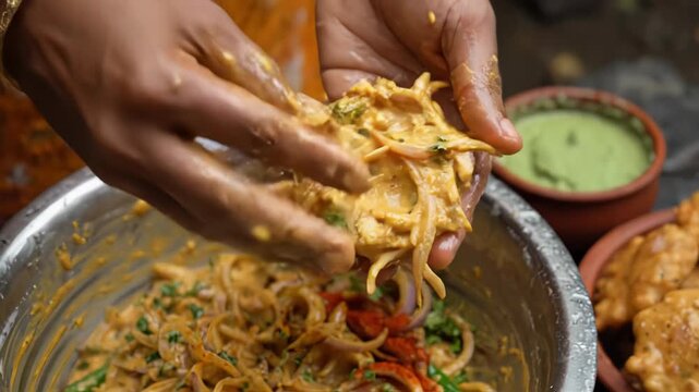 Close up of a person's hands preparing a savory Indian snack known as pakora by mixing chopped onions and spices in a batter of chickpea flour in a stainless steel bowl with a side of green chutney