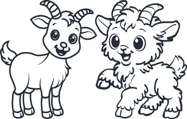 Fototapeta premium Two adorable cartoon goats are playfully depicted in a black and white line drawing showcasing their charming youthful features high quality