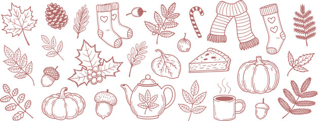 Autumn Harvest and Cozy Season Elements Line Art fall © Priyom