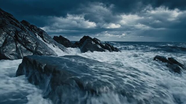 Stormy Waves Crash Against Rocky Coastline