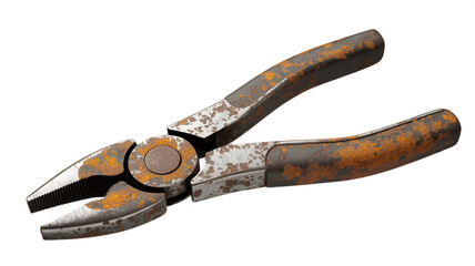 Obraz premium Rusty combination pliers old weathered tool with corrosion isolated on white background for repair or DIY concepts.