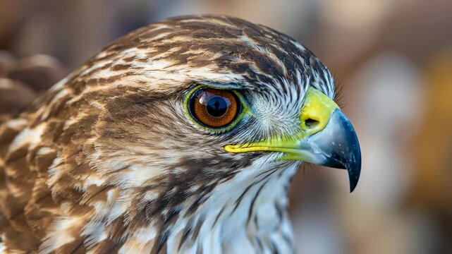 Close-up of a hawks head, showcasing its sharp features and intense gaze.