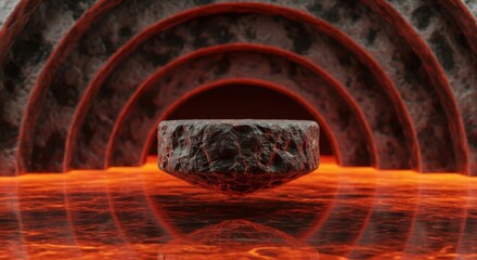 Fototapeta premium Glowing Orange Tunnel with Stone Block Center.