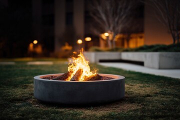 Naklejka premium Outdoor fire pit with glowing flames in a dark garden setting