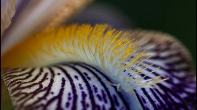 Close-up of a vibrant iris flower with intricate patterns and textures.