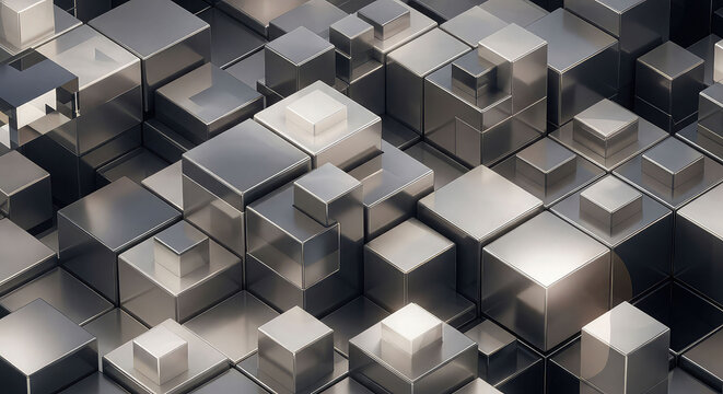 3d rendering of metallic gray cubes in various sizes and orientations forming a complex geometric pattern with reflections and shadows on a seamless background