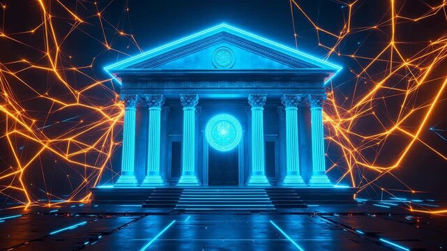 Neon illuminated classical building