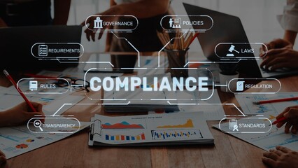 A visual representation of compliance management in a professional meeting, showcasing governance,...