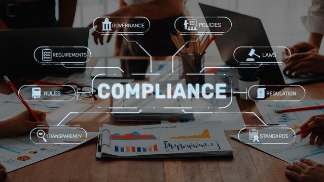 A visual representation of compliance management in a professional meeting, showcasing governance, policies, laws, and standards essential for organizational success. Raster