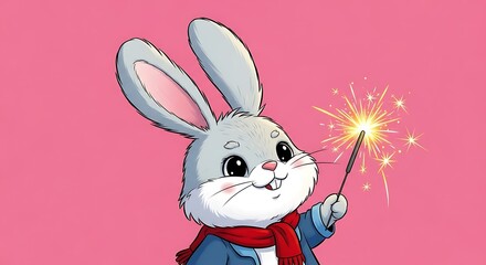 Cute cartoon bunny holding sparkler toy.