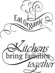 Fototapeta premium Kitchen and food quote decors, vector wall art series. Ornamental calligraphy inspirational sign designs, lettering phrases for wall decals, house and restaurant interior decor quotes, home signs.