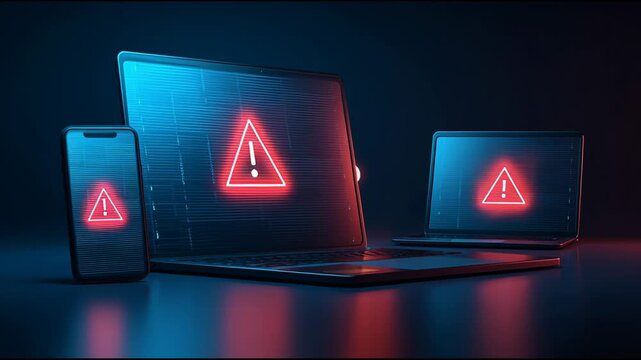 Phishing Scam Threat Displayed on Multiple Devices Showing Red Warning Signs in Dark Setting