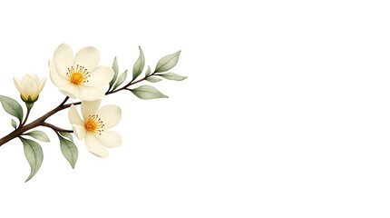 Fototapeta premium Delicate white camellia flowers and a bud bloom on a slender branch with soft green leaves