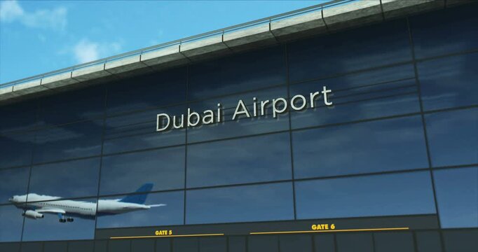 Dubai airplane landing. Jet plane airliner travel to United Arab Emirates and terminal airport arrival.
