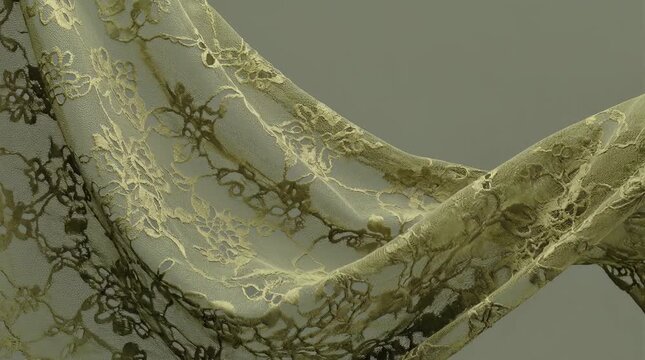 Olive vintage crochet lace textile twisting in slow motion. Transparent ornamental fabric shows floral pattern and delicate mesh. Elegant feminine wedding and cottagecore background.