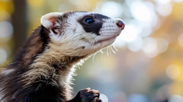 A Curious Ferret Gazes Upward with a Playful Expression in Nature.
