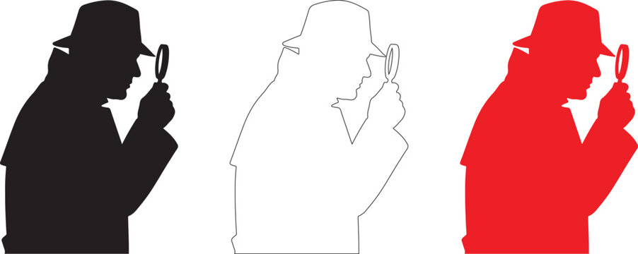 Detective silhouette, mystery investigation, spy in a fedora hat with a magnifying glass, secret agent looking for clues