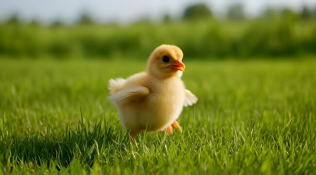 A fluffy yellow chick struts confidently through lush green grass field