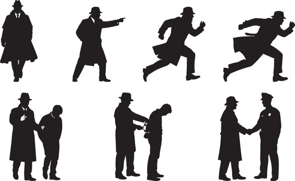 Law enforcement silhouettes showing arrest process and chase scenes with police officer