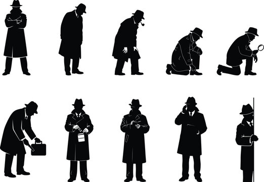 Private investigator silhouette collection featuring crime scene analysis and evidence gathering