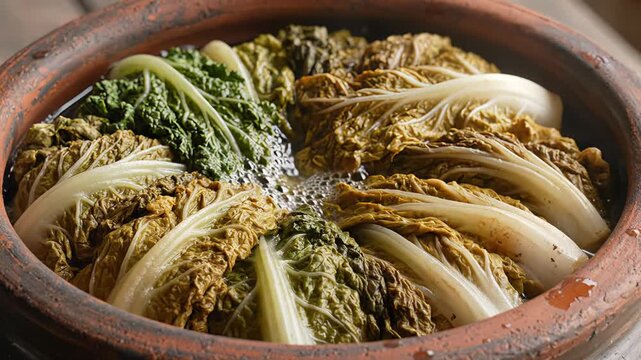Close Up Overhead View of Napa Cabbage Simmering in a Rustic Ceramic Pot With Bubbling Water and Soft Natural Lighting Showcasing Fresh Green and Yellow Leaves
