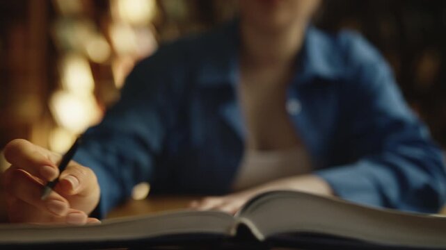 Close-up of female student reading book in library, studying foreign languages