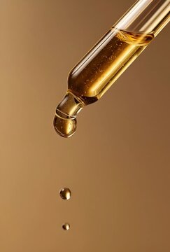 Una gota de l&iacute;quido &aacute;mbar cuelga de la punta de un gotero, capturando la luz y la esencia de la naturaleza.