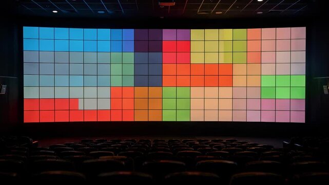 Medium shot of a highbrightness LED modular cinema screen displaying a vibrant test pattern main screen in sharp focus with blurred theater seating in the background.