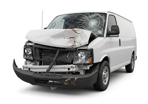Damaged white van with broken windshield and crumpled hood and bumper after accident