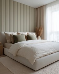 Fototapeta premium Minimalist bedroom featuring a low platform bed with neutral linen bedding and decorative pillows, complemented by a soft area rug and natural light from a large window